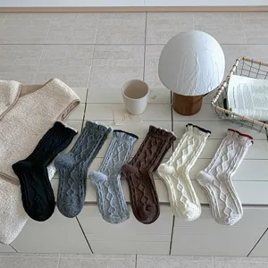 Women autumn winter wool socks sweet contrast color rolled edge cable knit mid calf socks