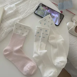 Cute women socks sweet style contrast color floral design breathable summer thin stockings