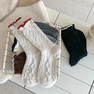 Women cable knit wool socks sweet color block rolled cuff slouch warm mid-calf socks