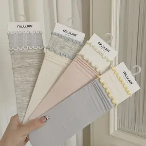 Women's Sweet Style Crew Socks Solid Color Lettuce Trim Cotton Blend Breathable Casual Daily Hosiery