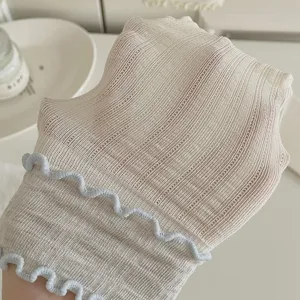 Sweet Japanese style mid-tube socks with cute contrast ruffles and vertical stripes.