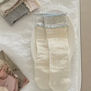 Women sweet ruffle socks Japanese style ribbed mid-calf socks casual cute hosiery for daily wear