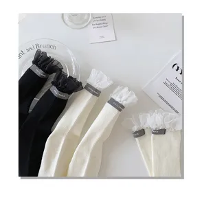 Cute ruffle mid-tube cotton socks Japanese style sweet white black socks for women soft girl