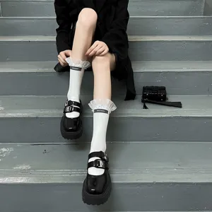 Women Cute Sweet Japanese Style JK Mid Tube Cotton Socks With Big Lace Bowknot Ruffle Fashion Hosiery Daily Casual Socks