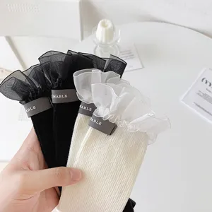Sweet ruffles frilly mid-calf socks for women, cute Japanese ins style breathable cotton hosiery black white
