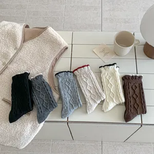 Women Casual Wool Blend Cable Knit Crew Socks Colorblock Rolled Cuff Sweet Warm Winter Mid Tube Stockings Hosiery