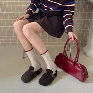 Cozy Korean style women winter wool socks with contrast roll cuff and cable knit detail.