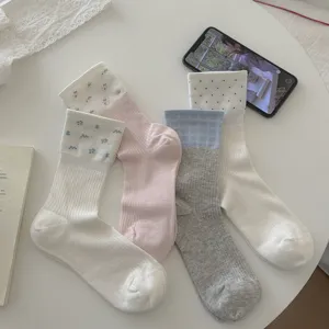 Cute summer thin women socks sweet floral and polka dot design breathable crew socks set