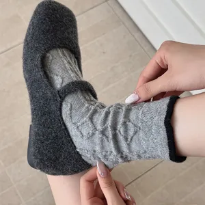 Korean style autumn winter wool socks contrast color rolled cuff cable knit warm mid-calf socks