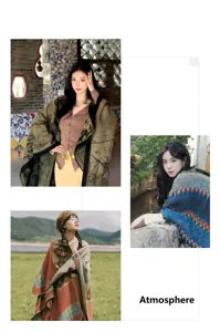 Ethnic style cashmere-like shawl detail, ink painting pattern, tassel cape for women.