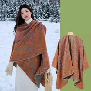 Herbst Winter Vintage Strick Schal Cape, elegantes Blumenmuster warme Oberbekleidung.