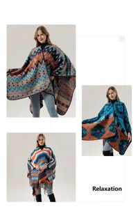 Ethnic style tassel poncho for women, stylish geometric pattern cape shawl for travel and daily wear.