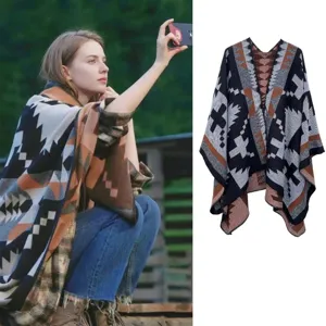 Herbst Winter Kaschmirimitat Strick Schal Poncho, geometrisches Muster, kuscheliger Umhang.