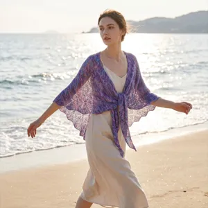 Damen Strickschal Batik Farbverlauf Dreieckstuch Hohles Häkeln Transparent Strand Cover Up Cape Strickjacke Für Urlaub