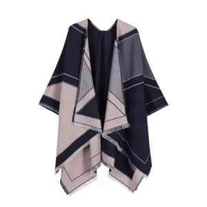 Geometric pattern color block cape shawl with fringed hem open front winter fashion wrap.