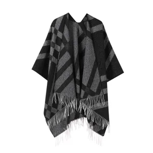 Women winter cashmere feel fringe plaid poncho stylish black grey warm shawl wrap cape