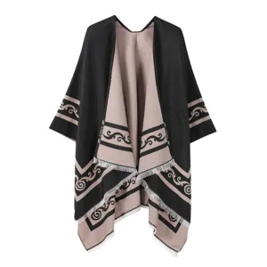 Damen Strick Ethno Schal Umhang Vintage Jacquard Floral Quasten Poncho Wickeln Oberbekleidung Für Reisen Winter