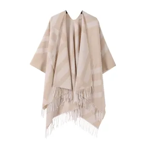 Women Vintage Plaid Shawl Poncho With Tassel Soft Polyester Warm Cape Outerwear For Winter Travel Autumn Fashion Blanket Scarf