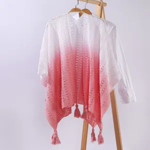 Gradient knit hollow out tassel shawl cape for women, elegant white pink outerwear layer.