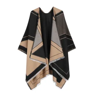 Women color block geometric poncho cape scarf fashion fringe shawl outerwear for daily wear