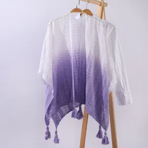 Gradient Knitted Shawl Women Hollow Tassel Cape White Purple Air-Conditioned Office Wrap