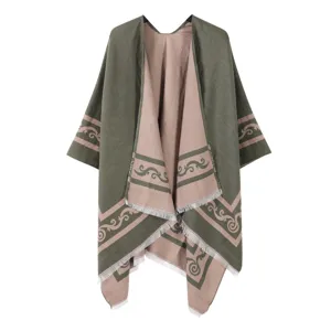 Damen Retro ethnischer Strick Schal offene Vorderseite Wendecape Cardigan Outdoor Mode neu