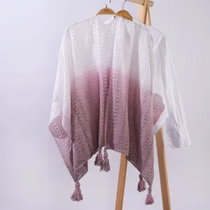 Elegant gradient knitted crochet shawl with tassel hem, lightweight cape for women summer.