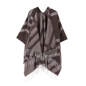 Brown grey plaid tassel poncho cape shawl for women winter warm outerwear cozy fashion accessory
