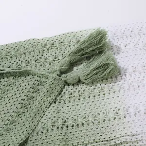 Close-up detail of gradient knitted hollow tassel shawl cape, soft texture, elegant design.
