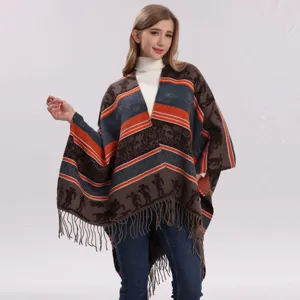 Scialle in Maglia di Poliestere Stile Etnico Rétro da Donna con Nappe Mantella Anteriore Aperta Cappotto Caldo Invernale Capospalla Geometrico