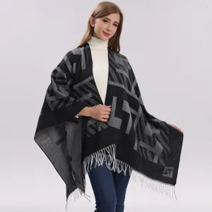 Donna moda nero grigio motivo geometrico nappina mantella scialle caldo inverno poncho.