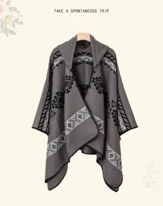 Capa con capucha de punto con patrón étnico, chal de invierno cálido y muy cómodo.
