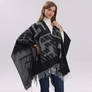 Donna Autunno Inverno Moda Motivo Geometrico Nappa Scialle Mantella Davanti Aperto Capospalla Caldo Poliestere Frangia Poncho Cappotto