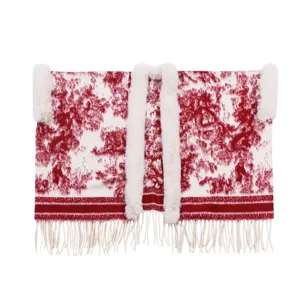 Rot-weißer Print Damen Umhang Schal mit flauschigem Kunstfellkragen und Fransen.
