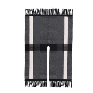 Classic grey black plaid winter scarf with fringe, stylish warm tassel shawl cape wrap.