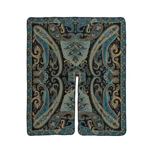 Detailed view of women's vintage paisley print imitation cashmere split cape warm shawl.