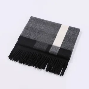Folded black grey and white plaid winter scarf with fringe detail for women and men daily wear