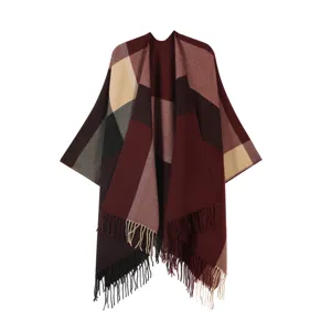 Women British Plaid Split Shawl Autumn Winter Fringe Cape Warm Scarf Outer Cloak