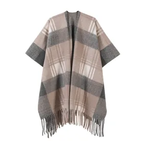Poncho scialle a quadri spesso da donna, comoda mantella aperta casual con orlo a frange.