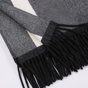 Classic grey black plaid winter scarf with chic fringe detail soft warm fabric close up view