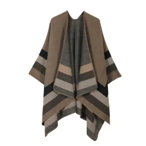 Women's autumn winter knit poncho cape stylish striped warm outer shawl wrap detail