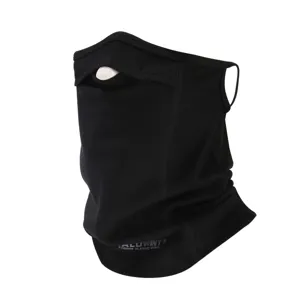 Detailed view of black winter cycling face mask, windproof warm neck gaiter for outdoor sports.