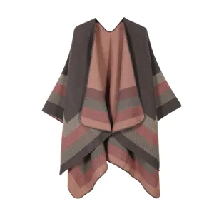Women Winter Warm Knit Shawl Cloak Color Block Jacquard Open Front Cape Casual Streetwear Wrap Scarf Cardigan Poncho Outwear