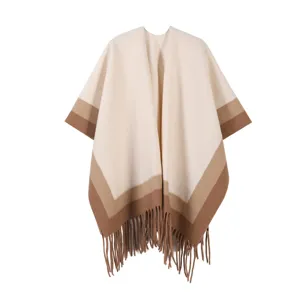 Color-block fringe poncho shawl, stylish autumn and winter warm cape for daily wear.