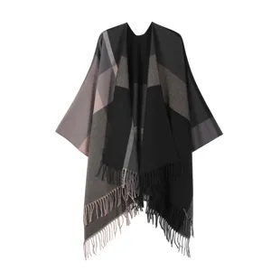 Women's British Plaid Split Shawl Autumn Winter Versatile Fringe Cape Warm Scarf Outerwear
