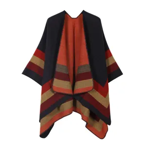 Womens knitted poncho cape winter warm striped shawl outerwear open front casual clothing
