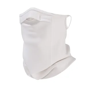 White cycling face mask neck gaiter with ear loops breathable design for outdoor winter sports.
