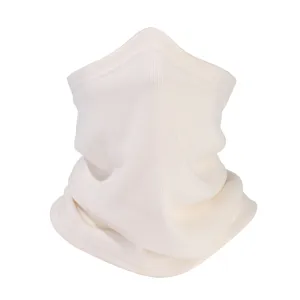Detailed view of white knitted neck gaiter, soft winter thermal fleece warm scarf face cover.
