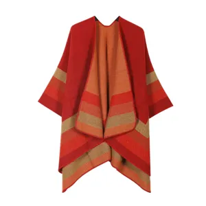 Detailed shot of women knitted poncho cape, warm striped winter shawl outerwear piece.