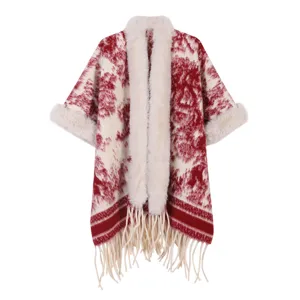 Damen ethnischer Stil Poncho Cape mit flauschigem Kunstfellkragen und Fransen für Reisen